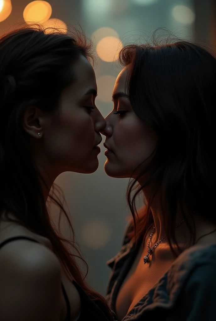 Create a high quality image, extreme detail, ultra definition, extreme realism, high quality lighting, 16k UHD, a young angel, kissing a beautiful demon girl, on a full moon night, dense fog covers the area, side view
