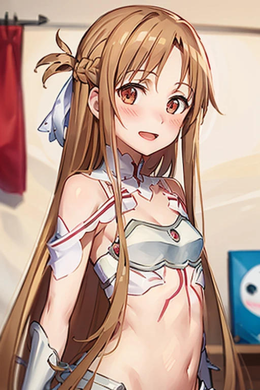 ((Best Quality)), ((masterpiece)), (be familiar with),  perfect face, indoor, bedroom, Watching the audience,
One woman, Yuuki Asuna,
Open Mouth, Ecstatic expression, blush, smile,
Small breasts,  flat chest, , , child, Girl,
Long Hair, Long Hair,
Leg spread,