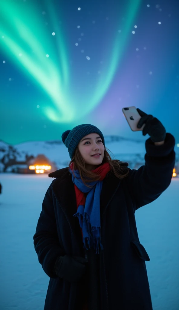 A captivating selfie of a model under the northern lights, with both the model and the aurora borealis highlighted. The model wears a stylish dark-colored faux fur coat, such as deep black or navy blue, creating a beautiful contrast against the glowing northern lights. She accessorizes with a bright-colored scarf, like red or royal blue, adding a pop of color to the scene. A cozy beanie matches her outfit, while her hands are snug in black leather gloves, paired with sleek leather boots.

The model is standing in a snow-covered, open area with a backdrop of snowy mountains or icy terrain, allowing the northern lights to shine brightly without any obstructions. The sky is illuminated with vibrant greens, purples, and blues of the aurora, filling the background.

The camera captures the model in a selfie pose, with her face slightly tilted towards the lights, expressing a joyful and excited expression. Her arm is extended forward, holding the camera slightly below her face, capturing the vast sky and the stunning lights behind her. The photo emphasizes the natural glow of the northern lights while using a soft flash to illuminate her face, ensuring clear details without overpowering the aurora.

The setting is in a remote location, such as Iceland, Finland, or Canada, far from city lights to ensure the aurora is vivid. The snowy ground and mountains enhance the mystical atmosphere. The overall tone of the image is vibrant yet balanced, with a sense of awe and wonder captured in the model's eyes and the swirling lights above.