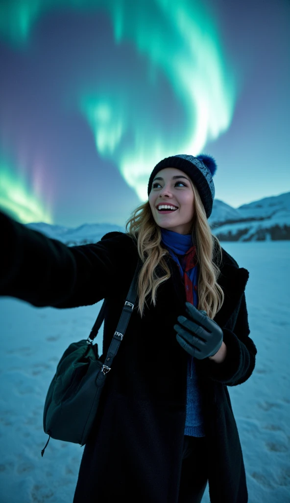 A captivating selfie of a model under the northern lights, with both the model and the aurora borealis highlighted. The model wears a stylish dark-colored faux fur coat, such as deep black or navy blue, creating a beautiful contrast against the glowing northern lights. She accessorizes with a bright-colored scarf, like red or royal blue, adding a pop of color to the scene. A cozy beanie matches her outfit, while her hands are snug in black leather gloves, paired with sleek leather boots.

The model is standing in a snow-covered, open area with a backdrop of snowy mountains or icy terrain, allowing the northern lights to shine brightly without any obstructions. The sky is illuminated with vibrant greens, purples, and blues of the aurora, filling the background.

The camera captures the model in a selfie pose, with her face slightly tilted towards the lights, expressing a joyful and excited expression. Her arm is extended forward, holding the camera slightly below her face, capturing the vast sky and the stunning lights behind her. The photo emphasizes the natural glow of the northern lights while using a soft flash to illuminate her face, ensuring clear details without overpowering the aurora.

The setting is in a remote location, such as Iceland, Finland, or Canada, far from city lights to ensure the aurora is vivid. The snowy ground and mountains enhance the mystical atmosphere. The overall tone of the image is vibrant yet balanced, with a sense of awe and wonder captured in the model's eyes and the swirling lights above.