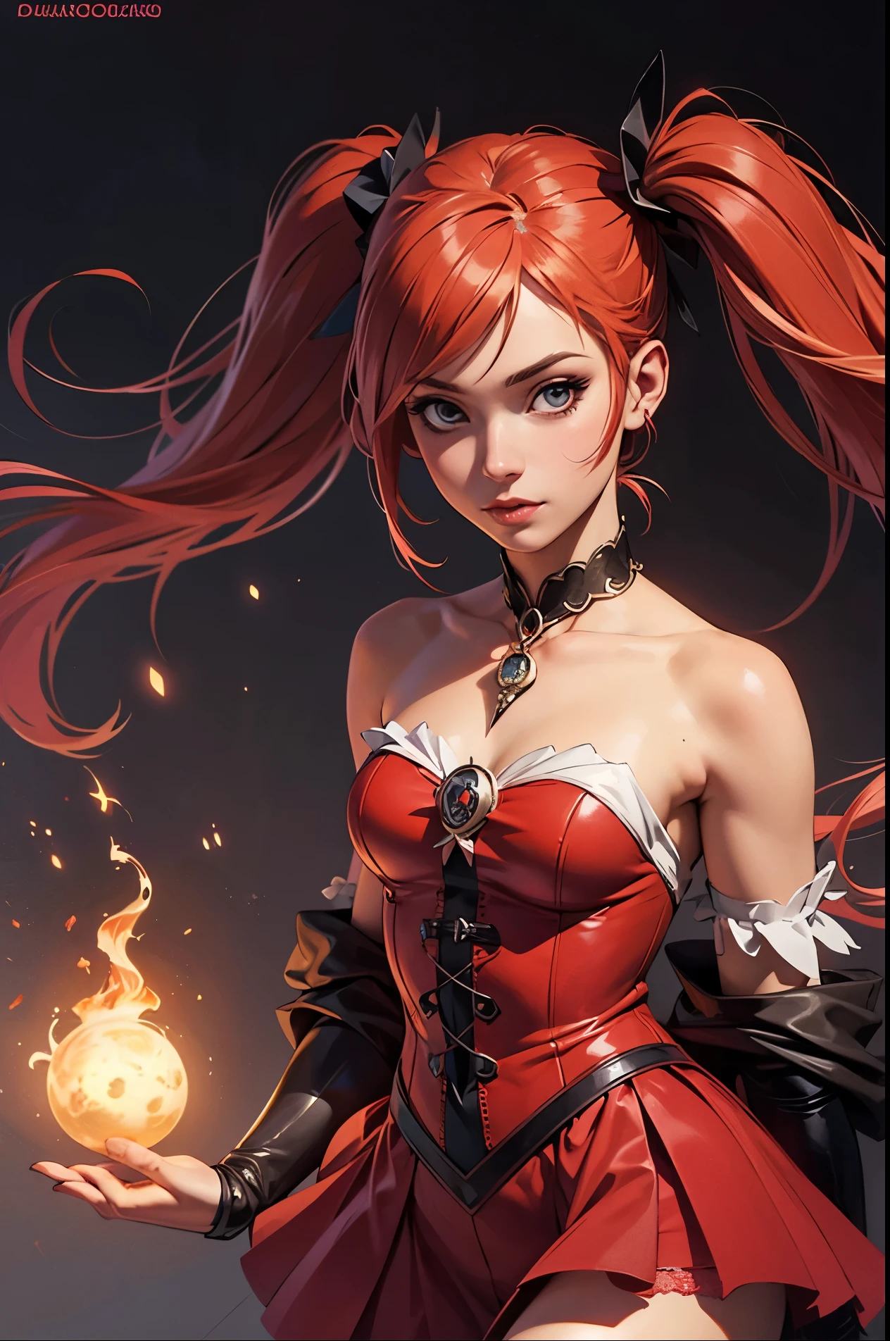 A woman wearing a necklace and holding him in the necklace with a bright red outfit card, cute eyes, looking at his energy, nice lip, long hair on the shoulder, epic exquisite character art, concept art