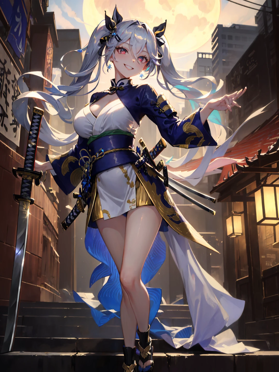 ice power, ice, snow, white hair, sword, happy, sexy, sunset