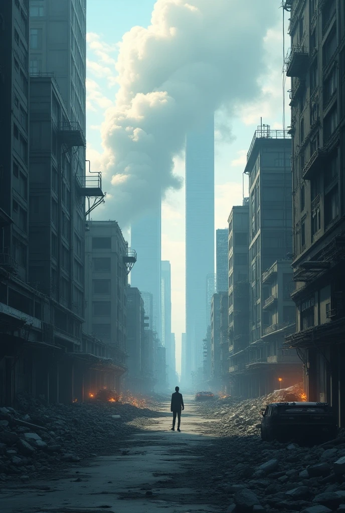 a man walking through a destructed city