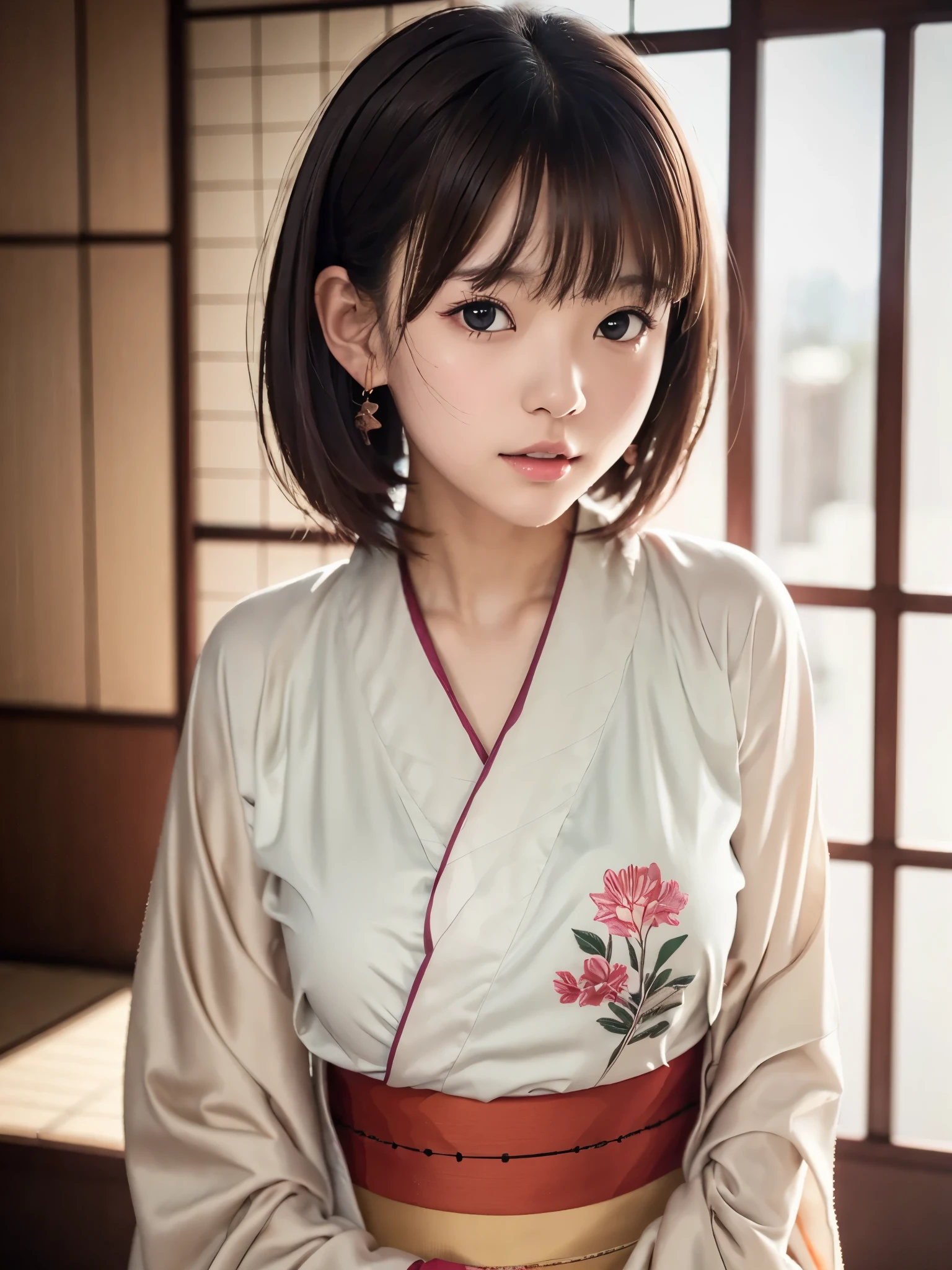 (wearing japanese kimono:1.3), elegant kimono, floral print, BREAK,
(((Anatomically correct,perfect anatomy))), 
(1girl,solo), (yuichan:1.5), petite, Fine clavicle, neat and cute girl, japanese cute girl, beautiful detailed eyes, layered hair, fluffy hair, brown short hair, bangs, glossy lips, (Fine Face),(Fine Eyes), (Clear Face), (Detailed Face Description), (Detailed Hand Description), Realistic, Extreme Light and Shadow, Shiny Skin,Shiny Hair, BREAK, absurdres, (16K, UHD, Top Quality, Masterpiece: 1.2),(Realistic, Photorealistic: 1.37), Physically Based Rendering,Professional Lighting, Photon Mapping, Masterpiece, Rich Detail, Ultra Detailed, Super detailed, highest quality, intricate details, ultra high resolution, (realistic:1.2),