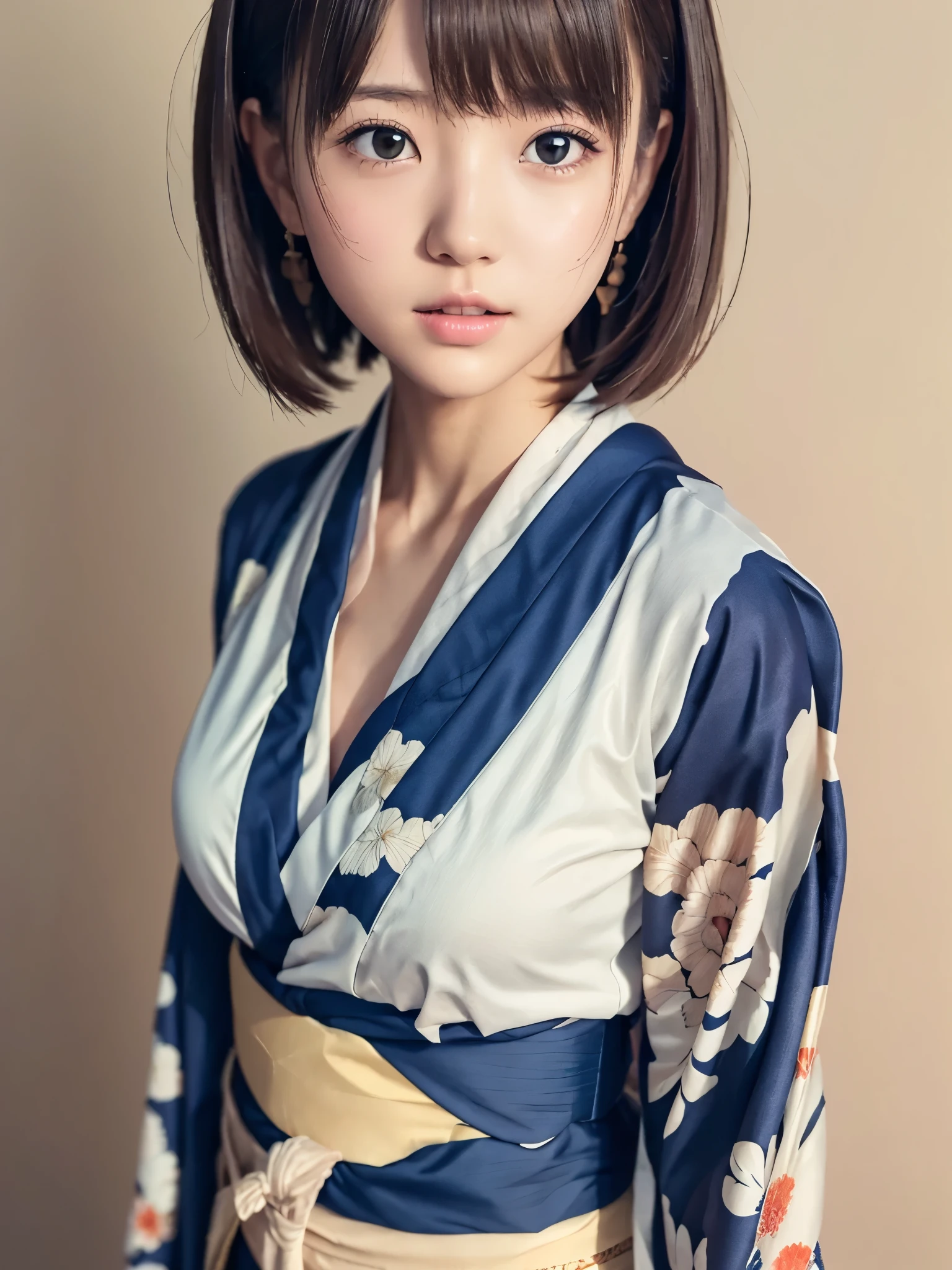 (wearing japanese kimono:1.3), elegant kimono, floral print, BREAK,
(((Anatomically correct,perfect anatomy))), 
(1girl,solo), (yuichan:1.5), petite, Fine clavicle, neat and cute girl, japanese cute girl, beautiful detailed eyes, layered hair, fluffy hair, brown short hair, bangs, glossy lips, (Fine Face),(Fine Eyes), (Clear Face), (Detailed Face Description), (Detailed Hand Description), Realistic, Extreme Light and Shadow, Shiny Skin,Shiny Hair, BREAK, absurdres, (16K, UHD, Top Quality, Masterpiece: 1.2),(Realistic, Photorealistic: 1.37), Physically Based Rendering,Professional Lighting, Photon Mapping, Masterpiece, Rich Detail, Ultra Detailed, Super detailed, highest quality, intricate details, ultra high resolution, (realistic:1.2),