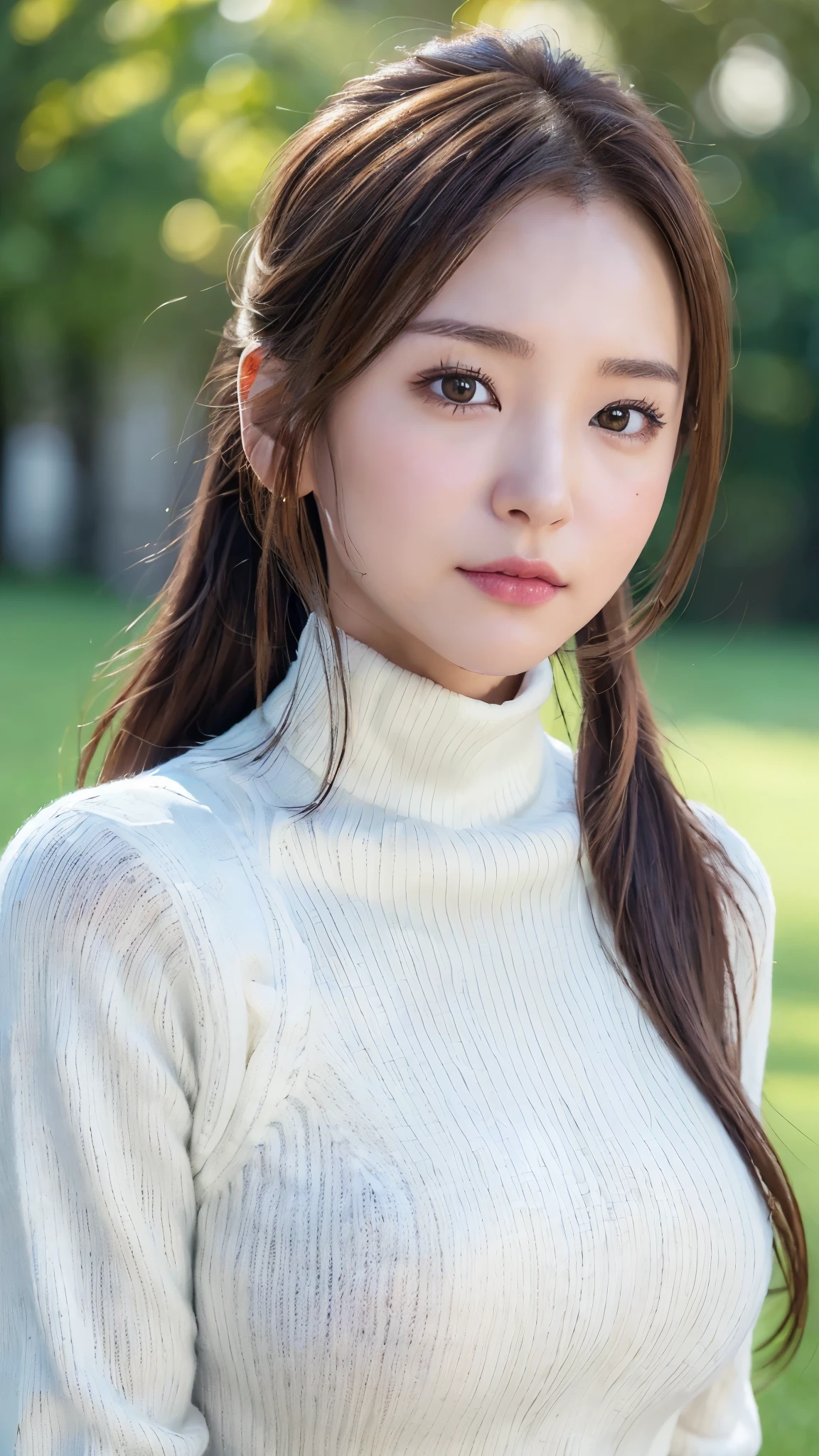 (masterpiece:1.5)、(realistic:1.5)、(highest quality:1.4、8K、RAW photo)、
ultra high resolution、professional lighting、perfect dynamic composition、Shooting outdoors、
film grain、chromatic aberration、(Bokeh:1.1)、
Frank、Sophisticated、charm、超realistic、high detail、golden ratio、
(1 girl)、slender girl、繊細でcharm女の子、cute woman:1.4、
serious expression、looking at the viewer、various poses、
light brown hair、shining hair、Hair style is ponytail、
skin that looks real、
close your mouth、fine eyes、double eyelid、thin arms、、
(She is wearing a white turtleneck ribbed long sweater dress。:1.3)