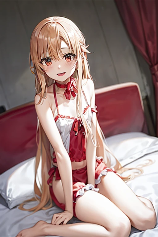 ((Best Quality)), ((masterpiece)), (be familiar with),  perfect face, indoor, bedroom, Watching the audience,
One woman, Yuuki Asuna,
Open Mouth, Ecstatic expression, blush, smile,
Small breasts,  flat chest, , , , Girl,
Long Hair, Long Hair,
Leg spread,