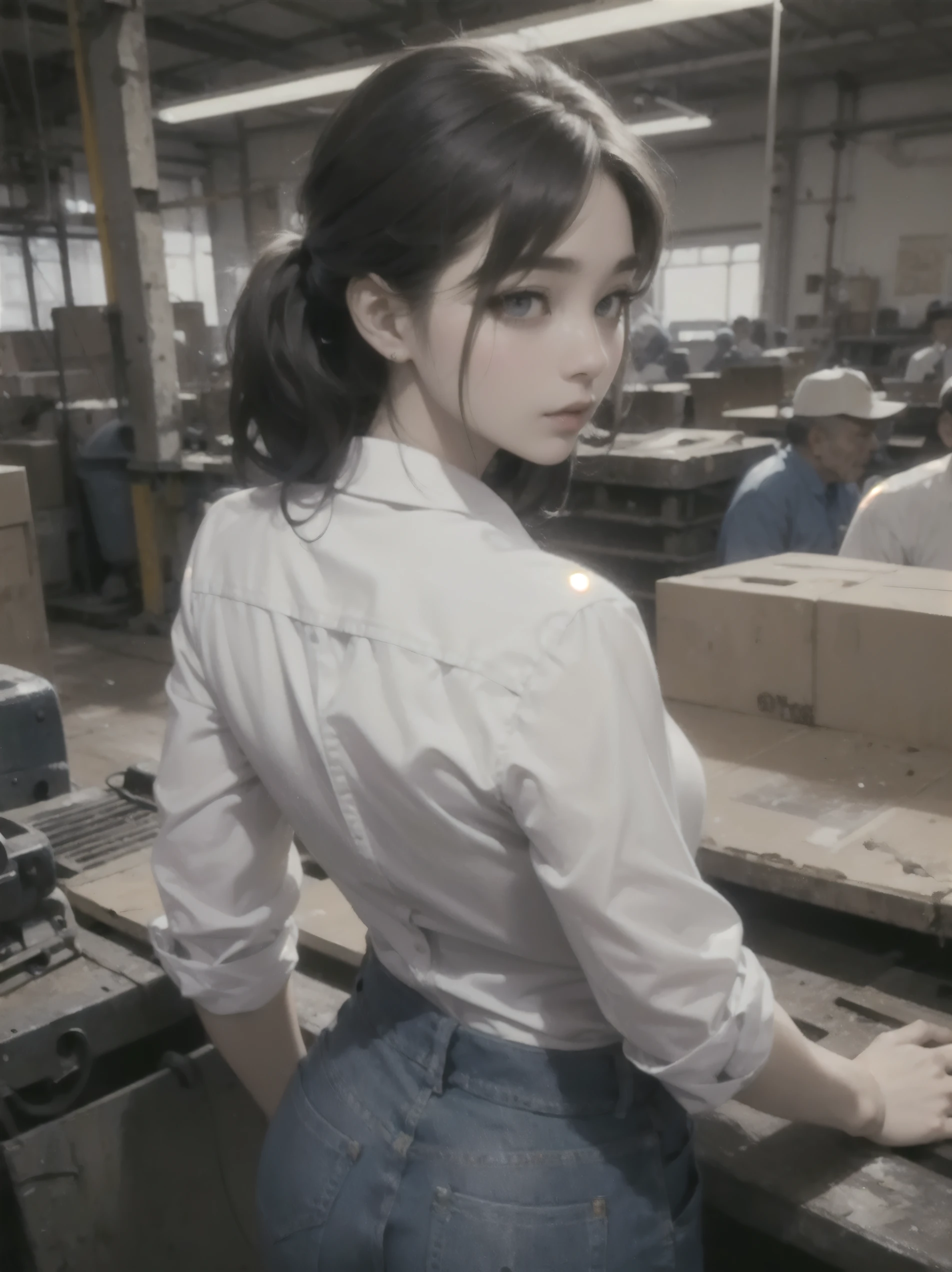 ((8k, extremely detailed, high detailed, ultra high definition)), beautiful korean girl inside old factory, surrounded by old worker, ((dynamic poses)), perfect body, full bpdy shot, perfect eyes, old machines, dirty room, room full of old men, working men on background, crowd of boys, she wear white shirt, tied button, skinny jeans, from behind