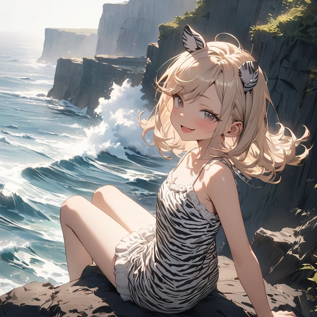 ((Masterpiece)), ((best quality)), (Anime:1.4), (super detail:1.2), (High Definition:1.3), (Professional Photography:1.3), (wide shot), (sharp focus), (perfect light), from side, (()), ((1girl)), ((wearing zebra-patterned tanktop)), fluffy shorts, cinematic lighting, Textured skin, messy hair, (loose blunt bangs), teenage girlalthy stomach, (Healthy slim body), small breasts, cute eyes, ((Smug)), (open mouth), (put on zebra ears), pale brown hair, Cute Beautiful girl, Thin accessories, Sitting on the cliff, ((Cliffs over 100 meters above sea level)),