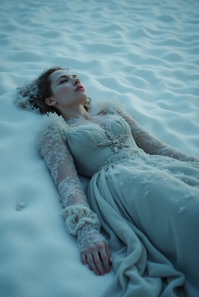 A girl with white hair in a blue dress lies in the snow 