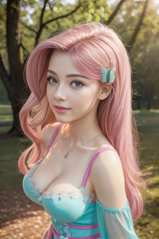 ( The best quality , 4k, 8K,  high resolution ,  masterpiece:1.2), ultra detailed, detailed face, Detailed lips and eyes............, Cute makeup , Attractive appearance, expressive face, realistic,
BREAK   ,Beautiful Caucasian woman with shoulder length messy wavy pink hair, , big blue eyes, light skin, Slim and athletic, hair that covers one eye,
BREAK  (dynamic pose),   big breasts , excited expression,  The soft sunlight illuminates the scene ,  Subtle wind movement in the hair ., happy expression, gloomy atmosphere, friendly,  Natural lighting that highlights your features ...........,  Subtle shadows that add depth and dimension to the image ..........., (maduro)  noisy,  mlp Fluttershy   , Long pink fur , pink hair  , elegant dress , low cut dress , neckline  ,  big breasts , forest , butterflies ,  Whole body , happy  ,1 patient  , medium breasts , forest , Sunny day , cute animals, country clothes ,  has a butterfly ornament in your hair  , casual attire , beautiful dress , happy , nice smile 