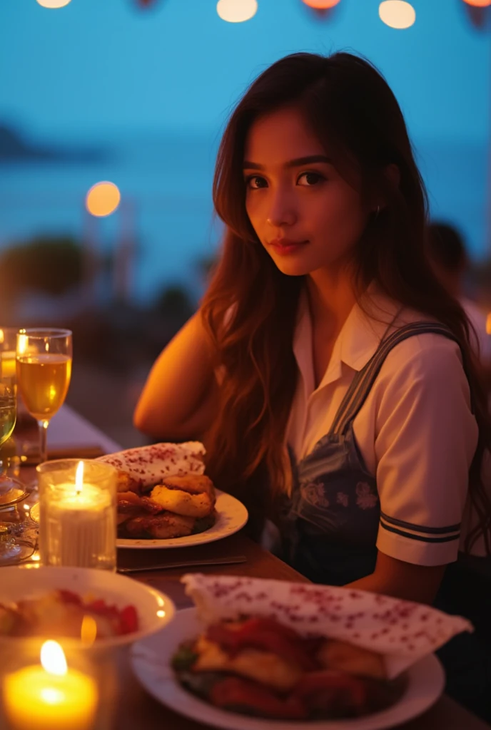 8k, RAW photo, best quality, depth of field, ultra high res:1.2), (intricate, photorealistic, masterpiece, ultra-detailed), dynamic lighting, a woman in an outdoor restaurant overlooking the ocean, table has food and drinks, candles, vibrant colors, she is styling with aschool uniform, detailed expressive eyes, bright mood lighting,