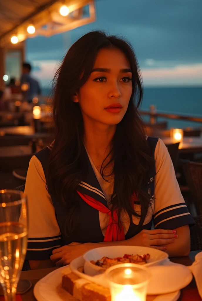 8k, RAW photo, best quality, depth of field, ultra high res:1.2), (intricate, photorealistic, masterpiece, ultra-detailed), dynamic lighting, a woman in an outdoor restaurant overlooking the ocean, table has food and drinks, candles, vibrant colors, she is styling with aschool uniform, detailed expressive eyes, bright mood lighting,