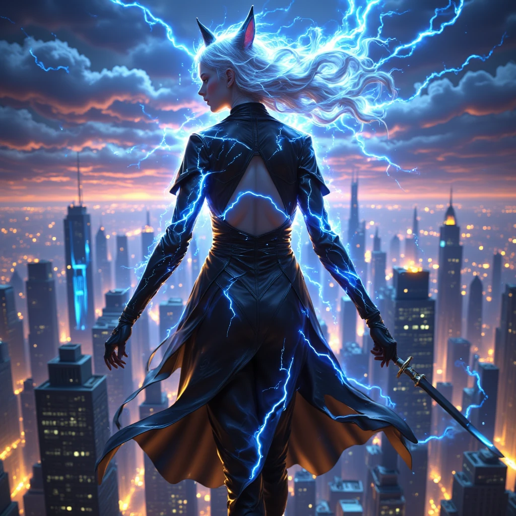 1 woman, Dark tone,  Pure White Hair,  red lips , Blue eyes, fox mask,   black skirt suit , Have a sword,  battojutsu, Full body  ,  standing on top of a tall building,  dynamic movement , spell, Lightning Spray ,  Lightning Spark ,  fog line , Water line ,  Blue Flame, nighttime, 3d, 3D rendering  , Dynamic Camera Angle,  optical difference, illustration, Computer graphics,