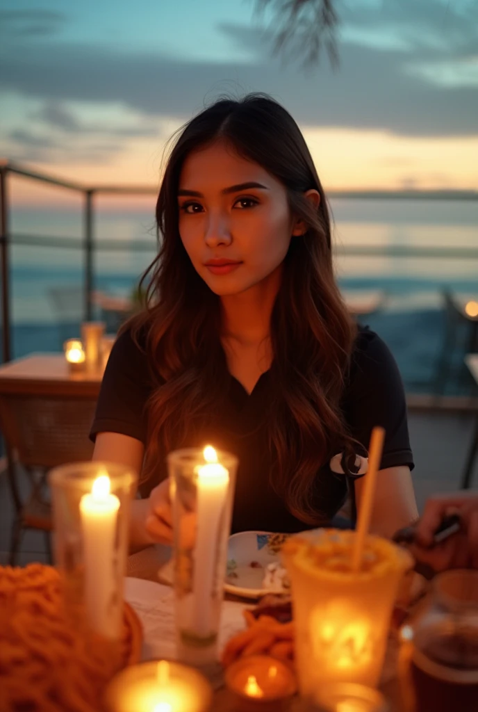 8k, RAW photo, best quality, depth of field, ultra high res:1.2), (intricate, photorealistic, masterpiece, ultra-detailed), dynamic lighting, a woman in an outdoor restaurant overlooking the ocean, table has food and drinks, candles, vibrant colors, she is styling with aschool uniform, detailed expressive eyes, bright mood lighting,