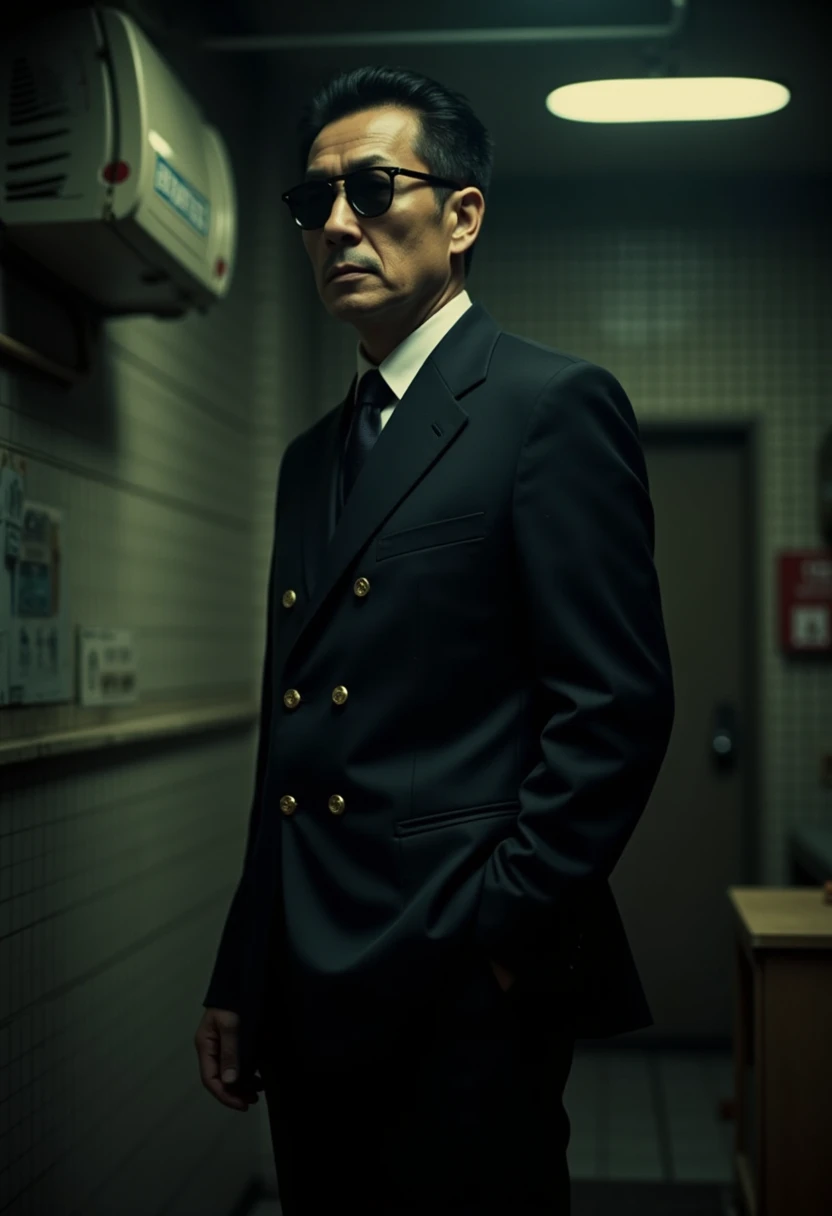 cinematography, realistic, retro, film grain, Wong Kar-Wai, dark lighting, solo, a middle age man in black suit and black sunglasses, stern expression, hand in pocket, standing tall wearing a military uniform