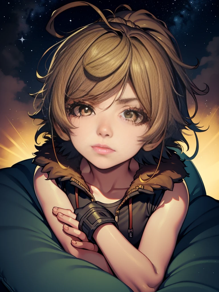 short hair, brown hair, yellow glowing eyes, perfect lips,sleepy look ,  ready to sleep, cute expression, cute face, laying in the bed, fingerless gloves, pillow, tank top, jacket, alert pose, ultra detailed face, long eyelashes, sharp eyes , Fullbody shot, dinamic viewer, night sky , dinamic point of view, diferents point of view, room, dinamic picture 