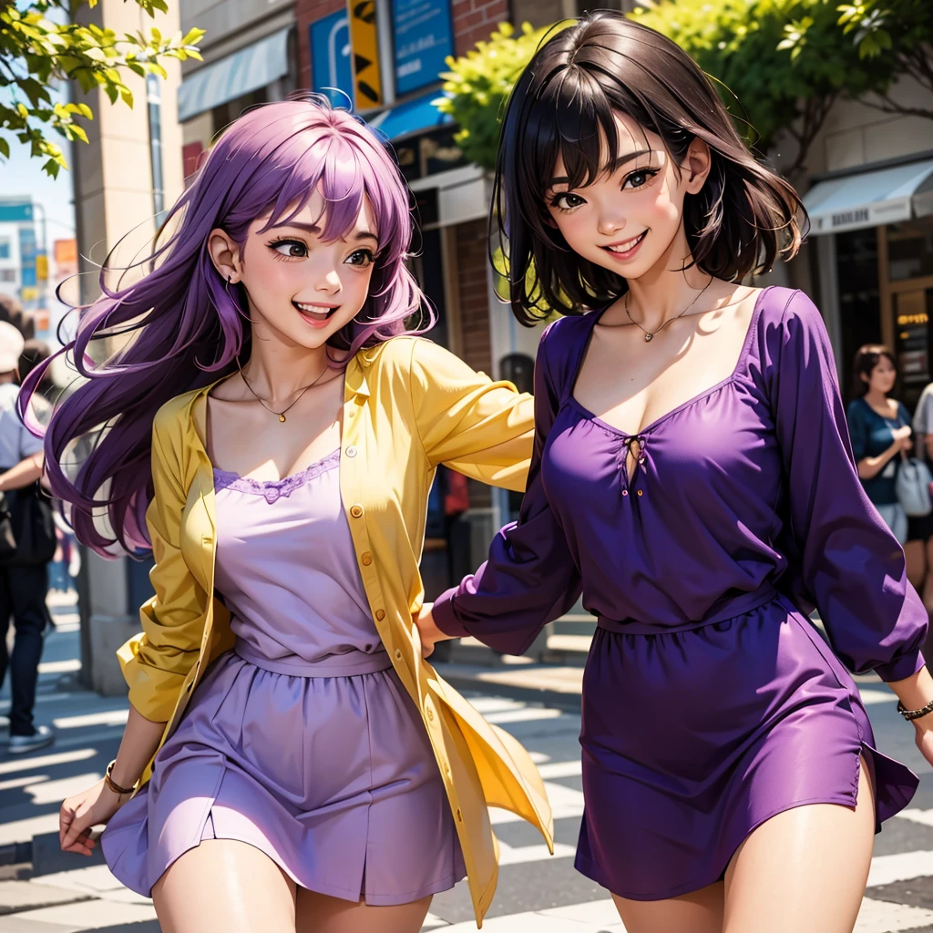 shukezouma, rendering by octane, hdr, (ultra - detailed:1.15), (Soft light, Sharp:1.2), (((duo,Two women in costume take selfies on the street,colorful pigtail, anime cosplaying,))),Beautiful girl, hyper detail eyes, mature, Painting drops, paint teardrops, woman made up from paint, entirely paint, splat, Splash, Long colored hair,Ultra-fine texture kimono, Paint kimono, paint bulb, Exposed cleavage, paint drops, Exposed shoulders, Tears,shoulders are visible, Thighs exposed, seminude, focus onface, Beautiful face, eye shadows, Dark circle contour, russian face, Russian girl, mascara, Beautiful, 18yr old