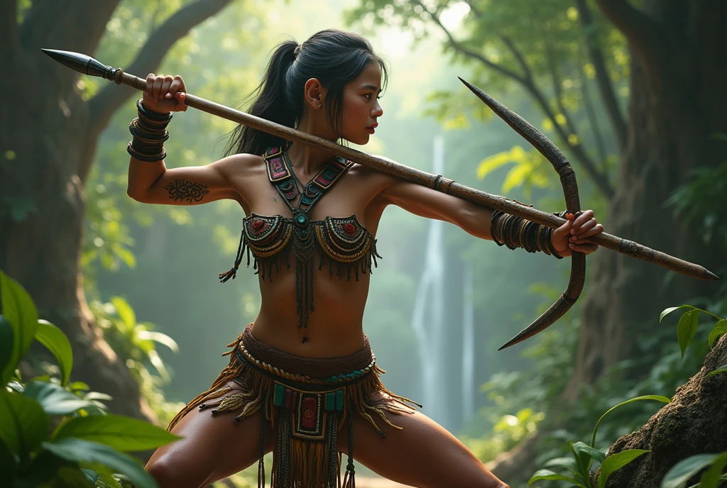 (best quality,4k,8k,highres,masterpiece:1.2),ultra-detailed,realistic,beautiful Indonesian woman warrior,expressive eyes,painted face,detailed warrior attire,intricate headdress,golden jewelry,dazzling sword,speaking power and strength,ancient traditions and culture,passionate and fearless fighter,commanding presence in the battlefield,mythical and mystical elements,rich colors of the Indonesian landscape,dramatic lighting,traditional Indonesian motifs,traditional weapons and armor,tribal markings on the body,graceful movements,warrior surrounded by lush tropical forest and exotic animals,embodying the spirit of the Indonesian warrior legends