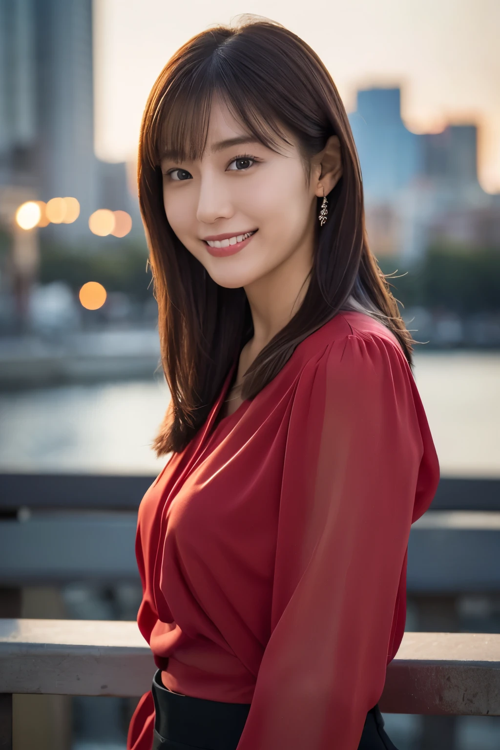 1girl in, (wearing a red blouse:1.2), beautiful japanese actress,
(Raw photo, Best Quality), (Realistic, Photorealsitic:1.4), masterpiece,
Extremely delicate and beautiful, Extremely detailed, 2k wallpaper, amazing,
finely detail, the Extremely Detailed CG Unity 8K Wallpapers, Ultra-detailed, hight resolution,
Soft light, Beautiful detailed girl, extremely detailed eye and face, beautiful detailed nose, Beautiful detailed eyes,
Cinematic lighting, against a city skyline at night, city light, Perfect Anatomy, Slender body, smile