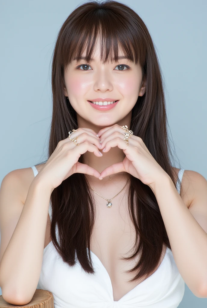  Smiling face making a heart shape with her hands:2.0、Instagrammable:1.2 (Super accurate humility、RAW Photos、8k、32K、masterpiece、Realistic、  photoreal:1.37)、Cute Japanese women images、Tank tops、Photographed in natural light、  upper body、1 girl、Photo Mapping、 Physically Based Rendering、Excellent image quality、  High Resolution  、1080P、(Beautiful Face)、(Detailed description of the face)、( Detailed description of the hand setter&#39;Muscle area)、(Detailed CG)、Rich details、( great features :1.35)、(Detailed eyes)、 I'm looking forward to your eyes、Delicate clavicle、Various poses、非常にリアルで詳細な若い女性の  upper bodyポートレート。The skin is beautiful、Soft light is reflected in the high part of the cheek.、 Tiny pores and hair follicles、 Even the tiniest blood vessels are visible。The skin is smooth、Natural flushing of the cheeks、Gives a healthy glow。 The eyes are large and clear blue、 The iris has fine patterning、 Light is reflecting and shining in the eye。 There is a slight shadow under the eye、 Her eyelashes are long and naturally curled。 Her lips are a soft pink color、 Smooth texture and natural glow、 Slightly reflects light。 The woman is wearing a simple white top.、 The background is a pale monochrome gradient.、焦点は完全に顔と  upper bodyに当たっている。Realistic shadows and textures、Photographic depiction.。