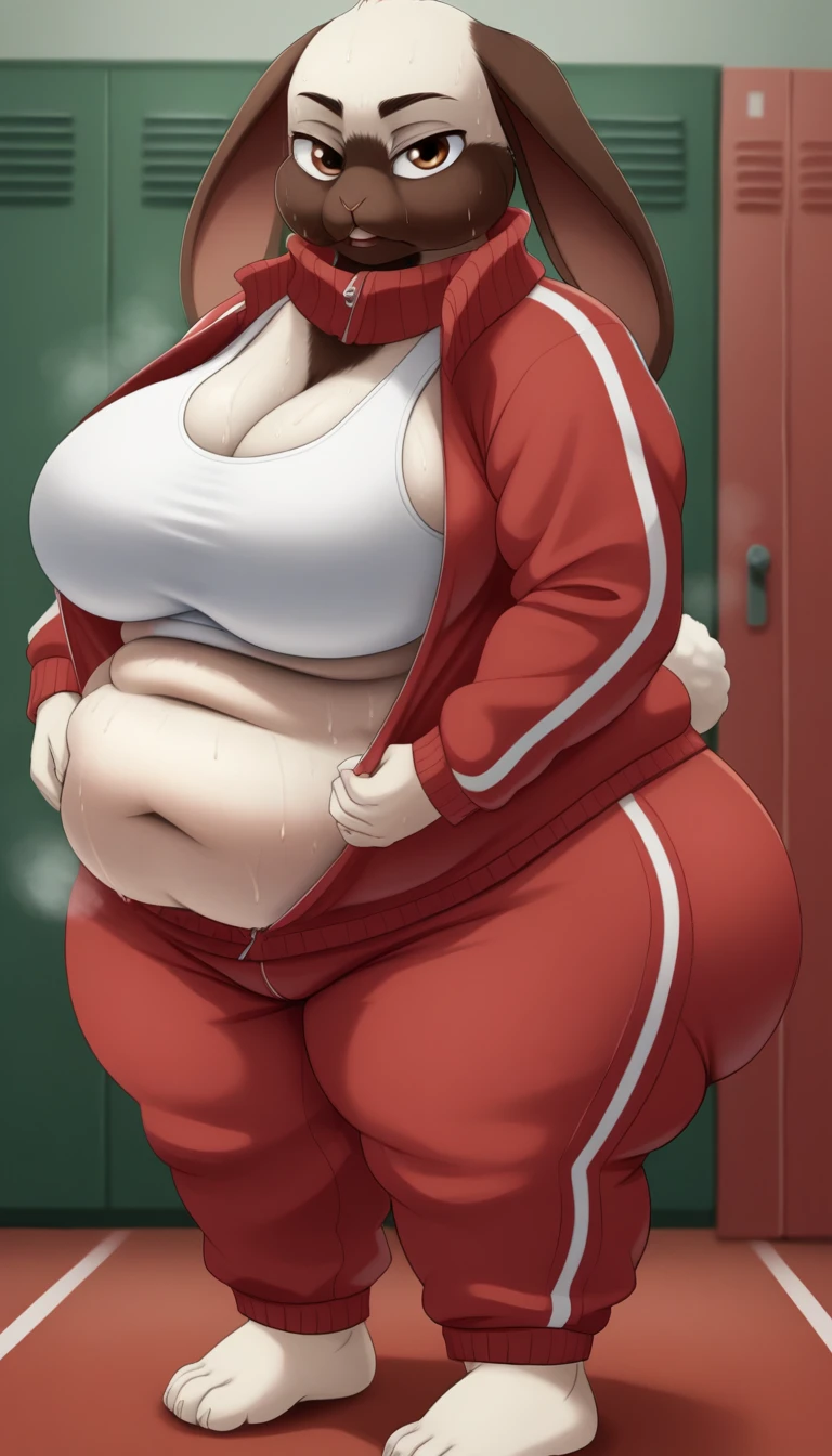 KyuuBSXL, anthro furry, furry female, white fur, two-tone fur, brown eyes, animal ears, rabbit ears, rabbit tail, snout, large breasts, red track jacket, jacket closed, red track pants, barefoot, (solo), standing, looking at viewer, indoors, Fluffy and Fat Face, Big Butt, Big Cheeks, Obese Body, ssbbw, obese belly, puffed body, sweat, wide neckline, visible white sports bra, abdomen coat white fur, two-tone fur