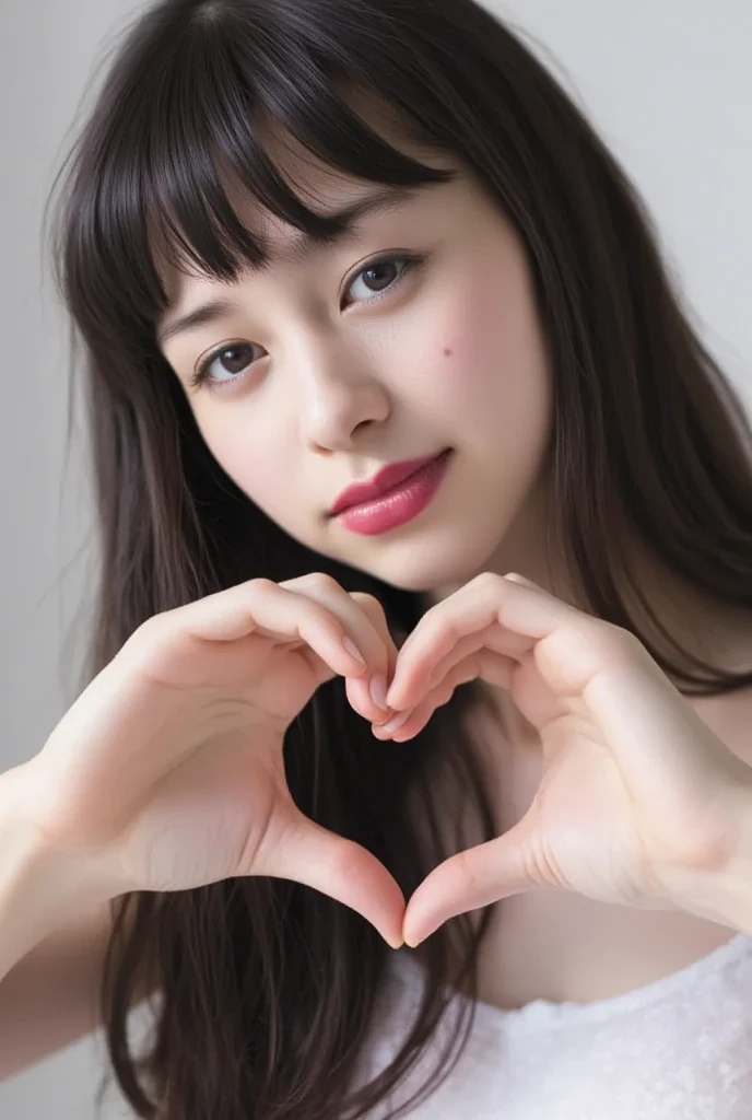  Smiling face making a heart shape with her hands:2.0、Instagrammable:1.2 (Super accurate humility、RAW Photos、8k、32K、masterpiece、Realistic、  photoreal:1.37)、Cute Japanese women images、Tank tops、Photographed in natural light、  upper body、1 girl、Photo Mapping、 Physically Based Rendering、Excellent image quality、  High Resolution  、1080P、(Beautiful Face)、(Detailed description of the face)、( Detailed description of the hand setter&#39;Muscle area)、(Detailed CG)、Rich details、( great features :1.35)、(Detailed eyes)、 I'm looking forward to your eyes、Delicate clavicle、Various poses、非常にリアルで詳細な若い女性の  upper bodyポートレート。The skin is beautiful、Soft light is reflected in the high part of the cheek.、 Tiny pores and hair follicles、 Even the tiniest blood vessels are visible。The skin is smooth、Natural flushing of the cheeks、Gives a healthy glow。 The eyes are large and clear blue、 The iris has fine patterning、 Light is reflecting and shining in the eye。 There is a slight shadow under the eye、 Her eyelashes are long and naturally curled。 Her lips are a soft pink color、 Smooth texture and natural glow、 Slightly reflects light。 The woman is wearing a simple white top.、 The background is a pale monochrome gradient.、焦点は完全に顔と  upper bodyに当たっている。Realistic shadows and textures、Photographic depiction.。