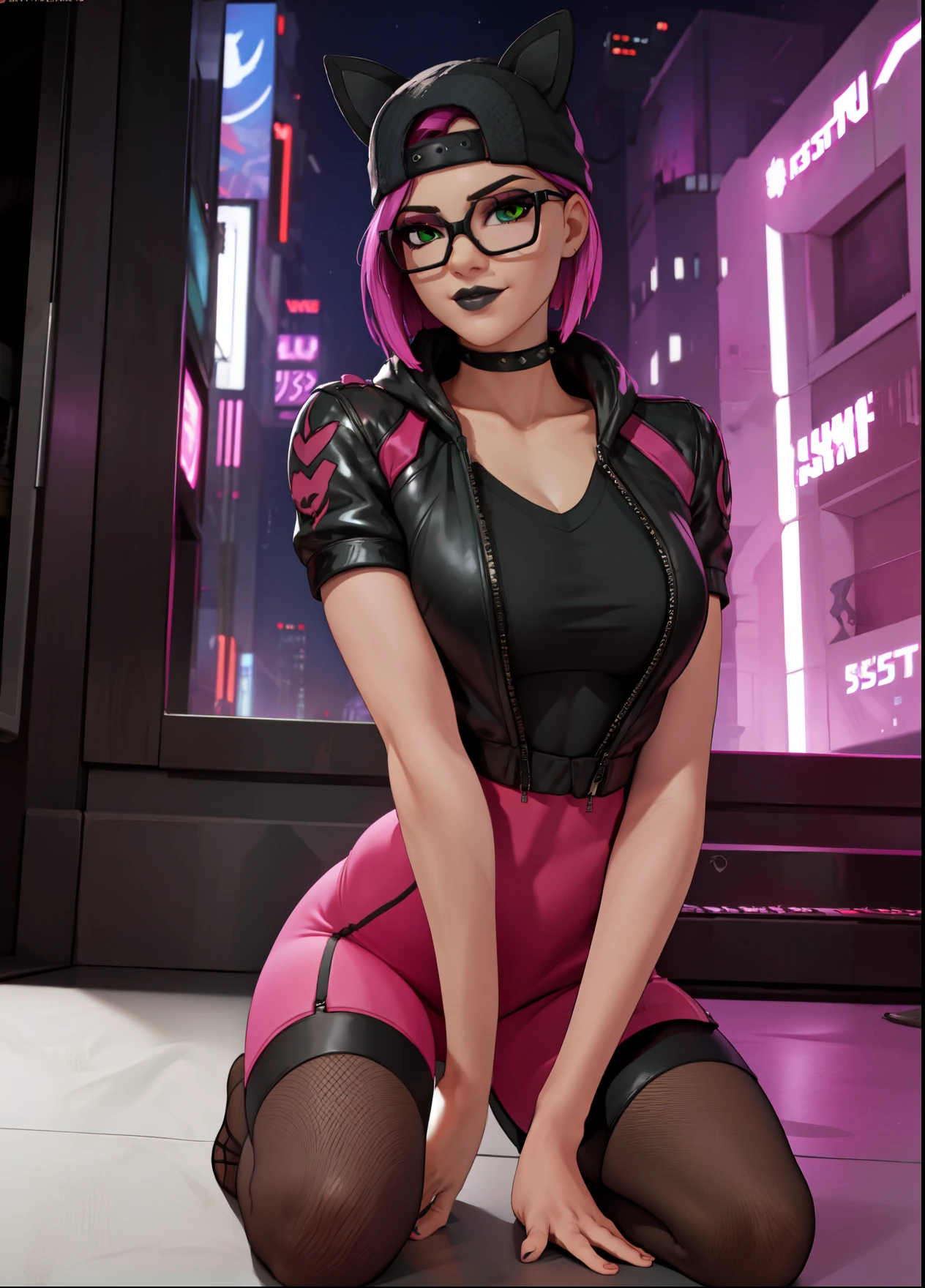 de pie, looking back at the viewer, alto detallado,Extremadamente detallado, Ojos finos, sonrisa seductora, pose femenino,pelo corto rosa, gorra,con curvas, with latex stockings, tacones, pene dentro de su Vagina, Neon