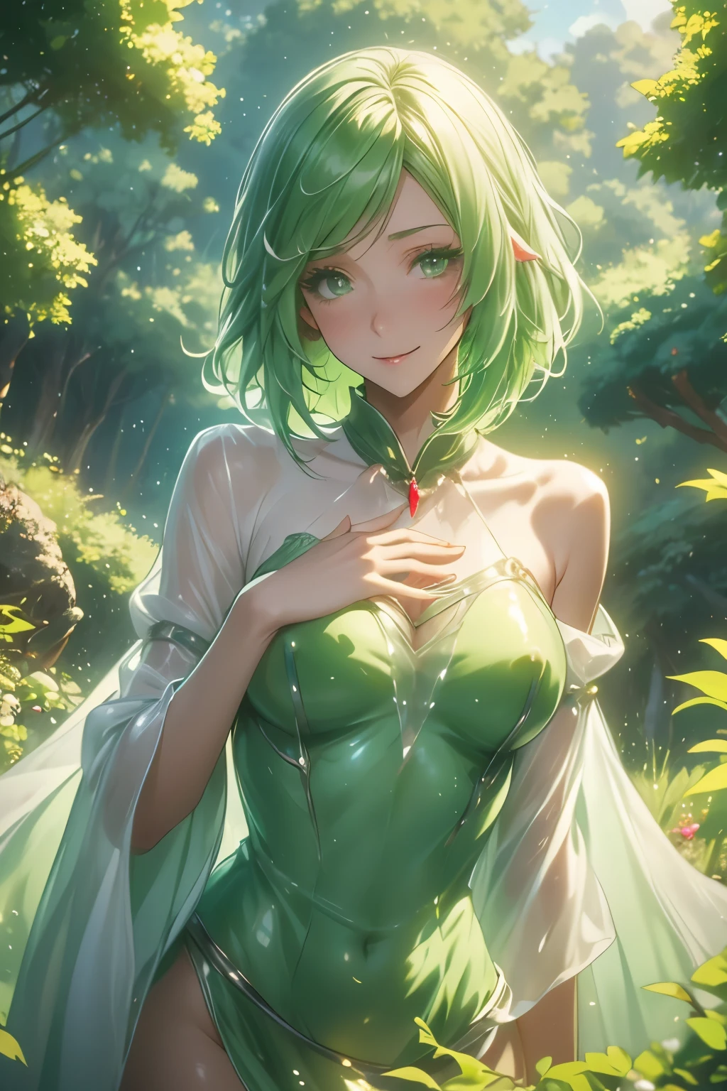 （（（ＳＦＷ、Highest quality、 First Class 、masterpiece、Normal body、8k、Detailed face、Ultra-precision、Normal hand、Normal finger、Masterpiece）））、Tria 、 Dryad、Green Hair、Bobcut、-That Time I Got Reincarnated as a Slime-、Easy smile 、Sexy、pure、transparent white and green robe、See-through nipples、Nipple erection、Sensitive nipples、Estrus、Hot flashes、Shyness、blush、 fellatio in front of hand、Mouth Opening、Blowjob face、suck、Sexy face、Breeze 、 Wind of Protection、magic、 Magic Light 、See-through、Transparency、Slightly erotic、 sexy pose、Great Forest、whole body