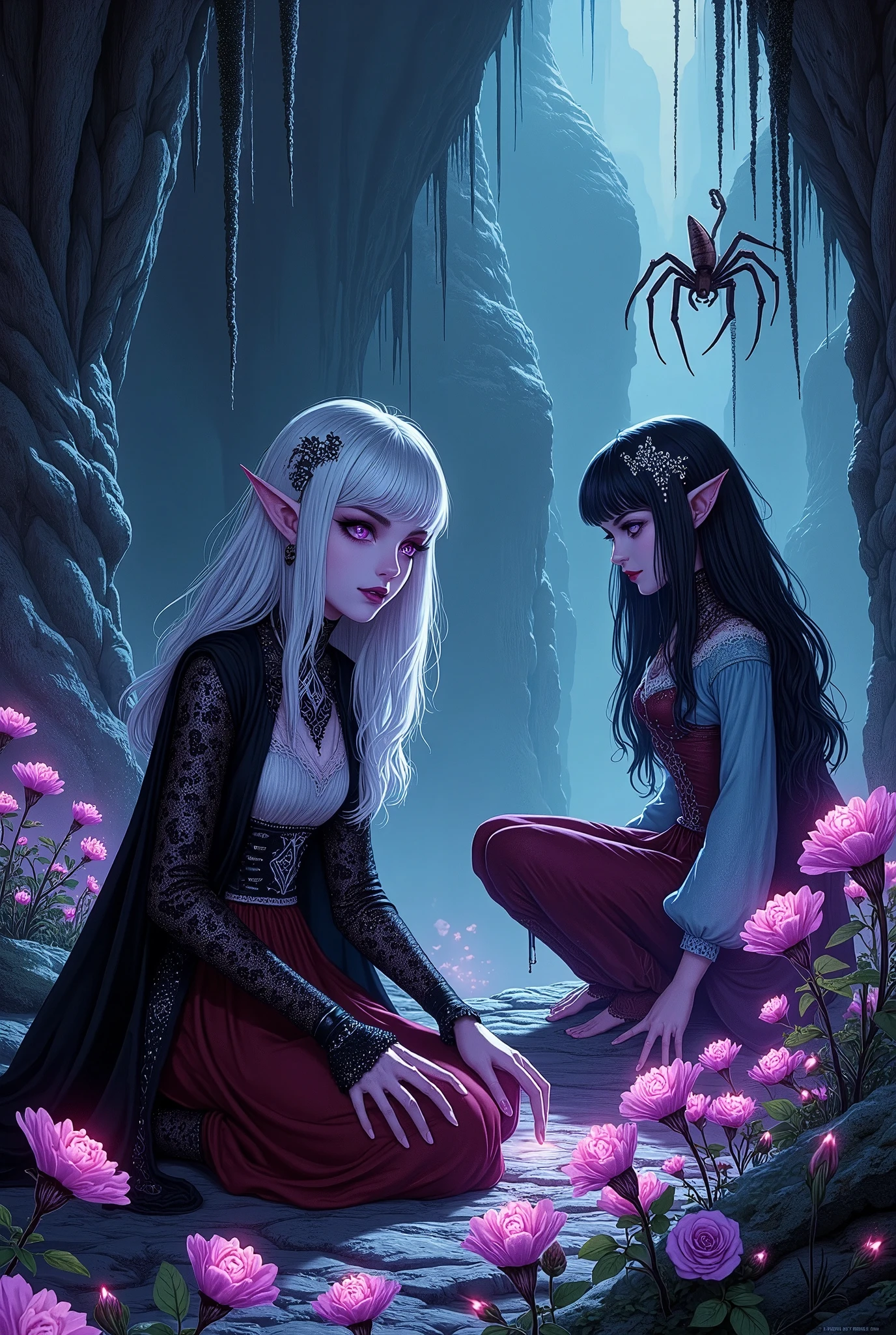 (Ultra-detailed face, Looking away, Fantasy Illustration with Gothic, Dark tone colors.), BREAK 
(This is a subterranean underworld where dark magic exists deep underground. A female dark elf healer is down on one knee, reaching out, staring at the flowers and collecting the purple, neon-glowing roses that grow densely in the jet-black stalactites and stalagmites that grow like a forest in the deep underground.), BREAK 
(Poisonous mushrooms grow in the area, glowing like poisonous red and green neon, spreading their sparkling fungus. On a stalactite, a bright white, red-eyed spider with needle-thin legs and a very long foot and rounded body is targeting a woman. The view is painted from above, looking down on the cliff. A thick shadow covers the area.), BREAK 
(A female dark elf warrior wears a hair clip with a silver scorpion motif on her head and a blue ribbon tie. She is wearing a light blue lace ruffled blouse, a black lace tunic with large red ruby buttons, and a deep red knee-length skirt embroidered with a cosmos flower pattern in silver thread. She wears black sandals with tassels woven of soft silver thread.), BREAK 
(A young-aged dark elf woman with pure white hair and eyebrows, blunt bangs, very long length disheveled hair, small pink lips, dark-purple color skin, lavender pupils, Draw thick, dark eyeliner around the eyes.), BREAK 
(This is the depths of the earth, where no light reaches. The darkness is as thick as ink, with huge stalactites rising from the subterranean ceiling and stalagmites growing out of the ground, dripping with water. The area is covered with black shadows, and in some places there is luminous blue-white moss.)