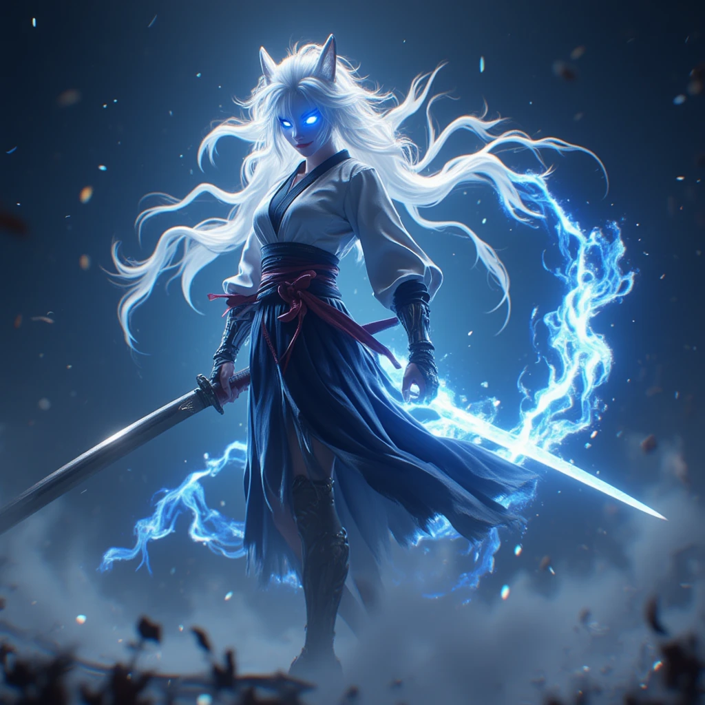 1 woman, Dark tone,  Pure White Hair,  red lips , Blue eyes, fox mask,   black skirt suit , Have a sword,  battojutsu, Full body ,  dynamic movement , spell, Lightning Spray ,  Lightning Spark ,  fog line , Water line ,  Blue Flame, nighttime, กำแพงHologramพื้นหลัง, 3d, 3D rendering  , Dynamic Camera Angle, Hologram, illustration, Computer graphics,