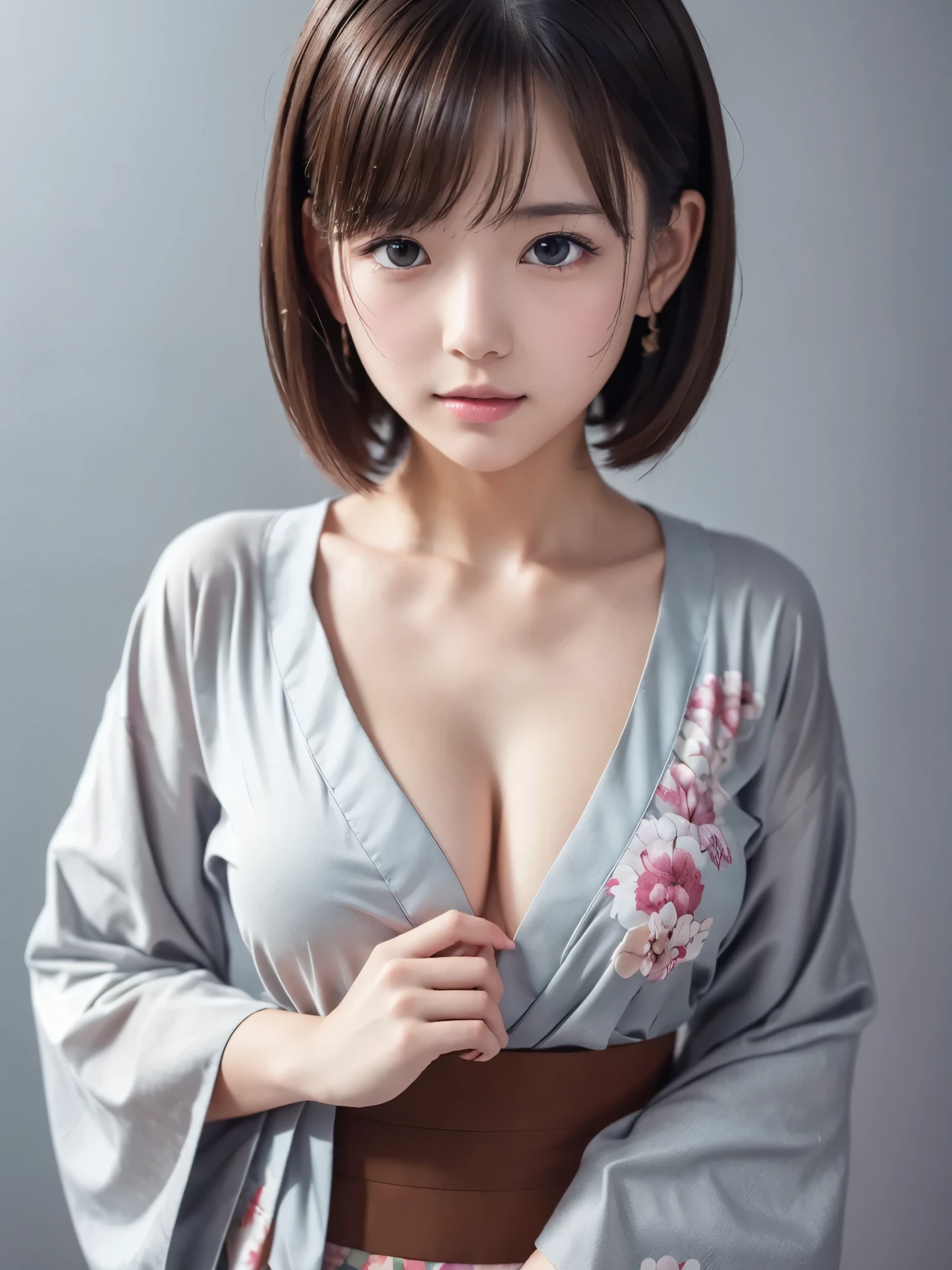 wearing japanese kimono, elegant kimono, floral print, BREAK,
(((Anatomically correct,perfect anatomy))), nsfw,
(1girl,solo), (yuichan:1.3), petite, Fine clavicle, neat and cute girl, japanese cute girl, beautiful detailed eyes, layered hair, fluffy hair, brown short hair, bangs, glossy lips, (Fine Face),(Fine Eyes), (Clear Face), (Detailed Face Description), (Detailed Hand Description), Realistic, Extreme Light and Shadow, Shiny Skin,Shiny Hair, BREAK, absurdres, (16K, UHD, Top Quality, Masterpiece: 1.2),(Realistic, Photorealistic: 1.37), Physically Based Rendering,Professional Lighting, Photon Mapping, Masterpiece, Rich Detail, Ultra Detailed, Super detailed, highest quality, intricate details, ultra high resolution, (realistic:1.2),