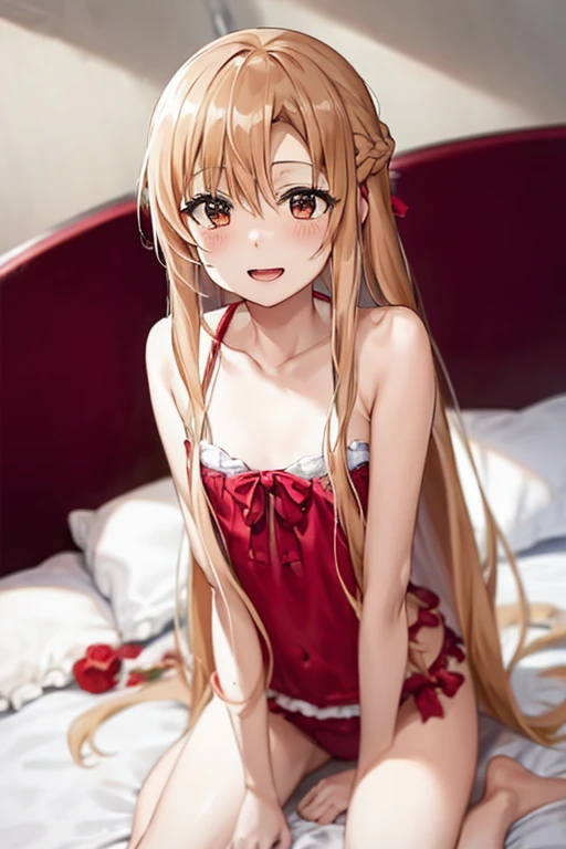 ((Best Quality)), ((masterpiece)), (be familiar with),  perfect face, indoor, bedroom, Watching the audience,
One woman, Yuuki Asuna,
Open Mouth, Ecstatic expression, blush, smile,
Small breasts,  flat chest, , , child, Girl,
Long Hair, Long Hair,
Leg spread,