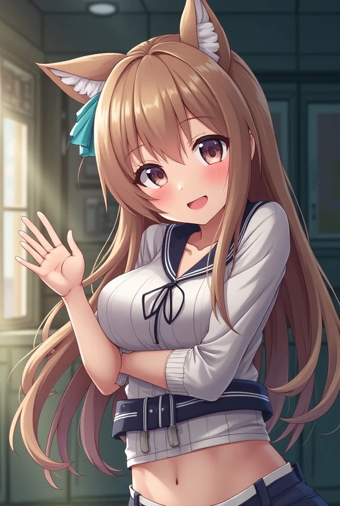 asuna yuuki, long hair, bangs, brown hair, brown eyes, very long hair, braid, Pull up your skirt、A big penis growing between his legs、Futanari、Masturbating makes me feel good、Squeezing his dick with both hands