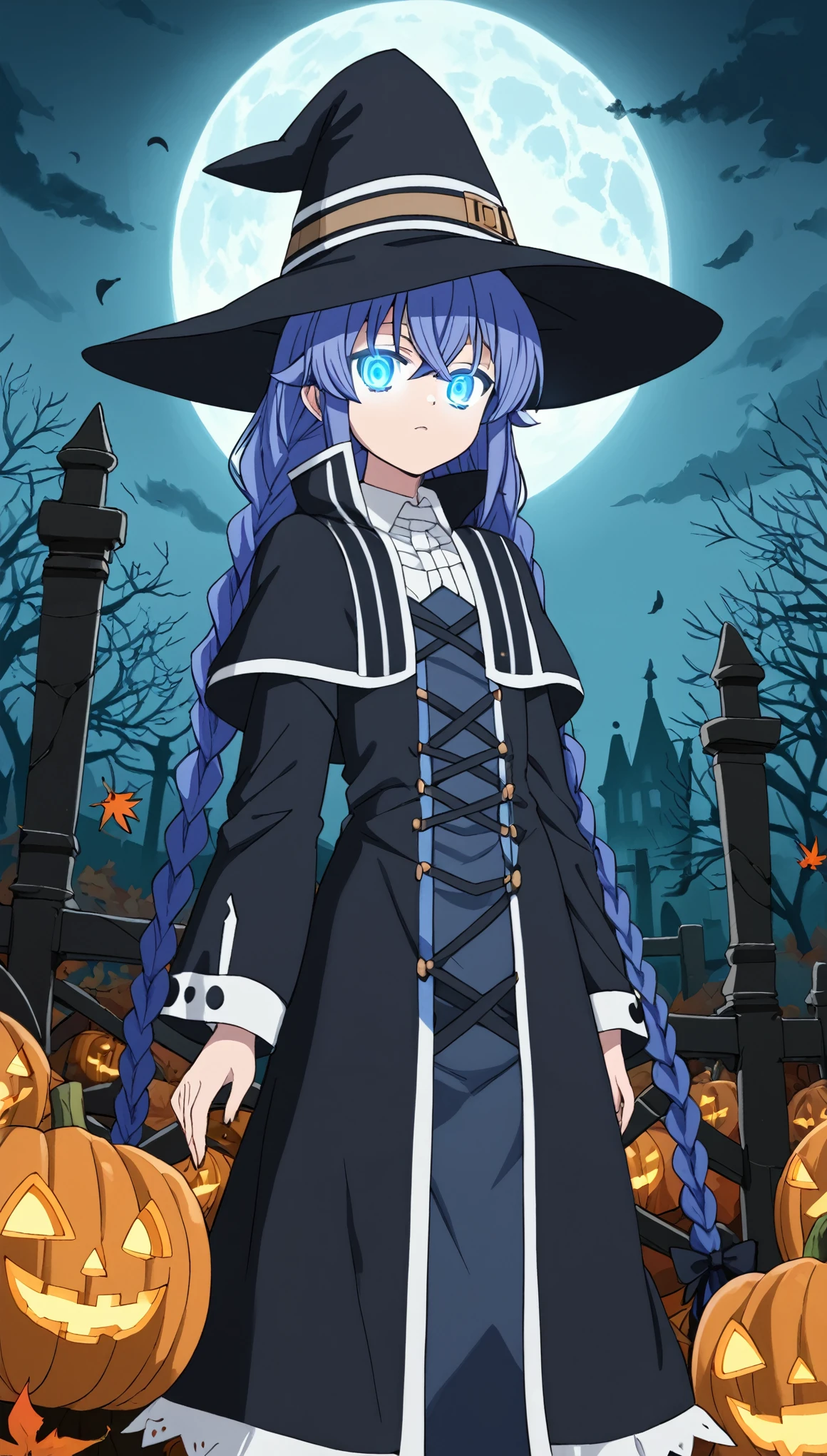 Solo,1girl,roxy, ahoge, blue eyes, blue hair, braid, hair between eyes, hair ribbon, long hair, twin braids, very long hair ,Witch hat,Witch robe, jack-o’-lanterns glowing, haunted house, full moon, foggy graveyard, trick-or-treaters in costumes, black cats, eerie shadows, cobwebs, carved pumpkins, spooky decorations, candlelit windows, autumn leaves, dark forest, glowing eyes, gothic architecture, creepy vibe