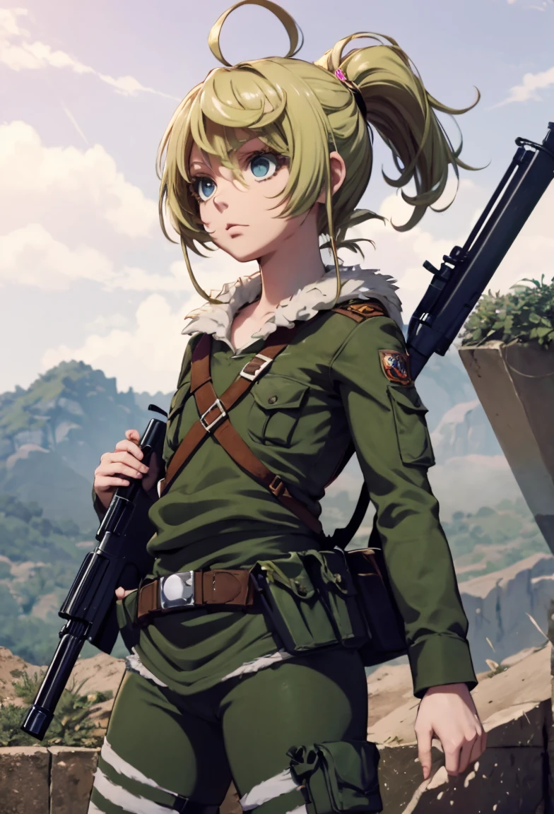 a cartoon picture of a girl with goggles and a gun, ry girl, in attack on titan, of a sniper girl in war, soldier girl, from attack on titan, female protagonist 👀 :8, epic anime style, neferpitou, anime girl named lucy, anime character, annie leonhart, trigger anime artstyle, mechanized soldier girl