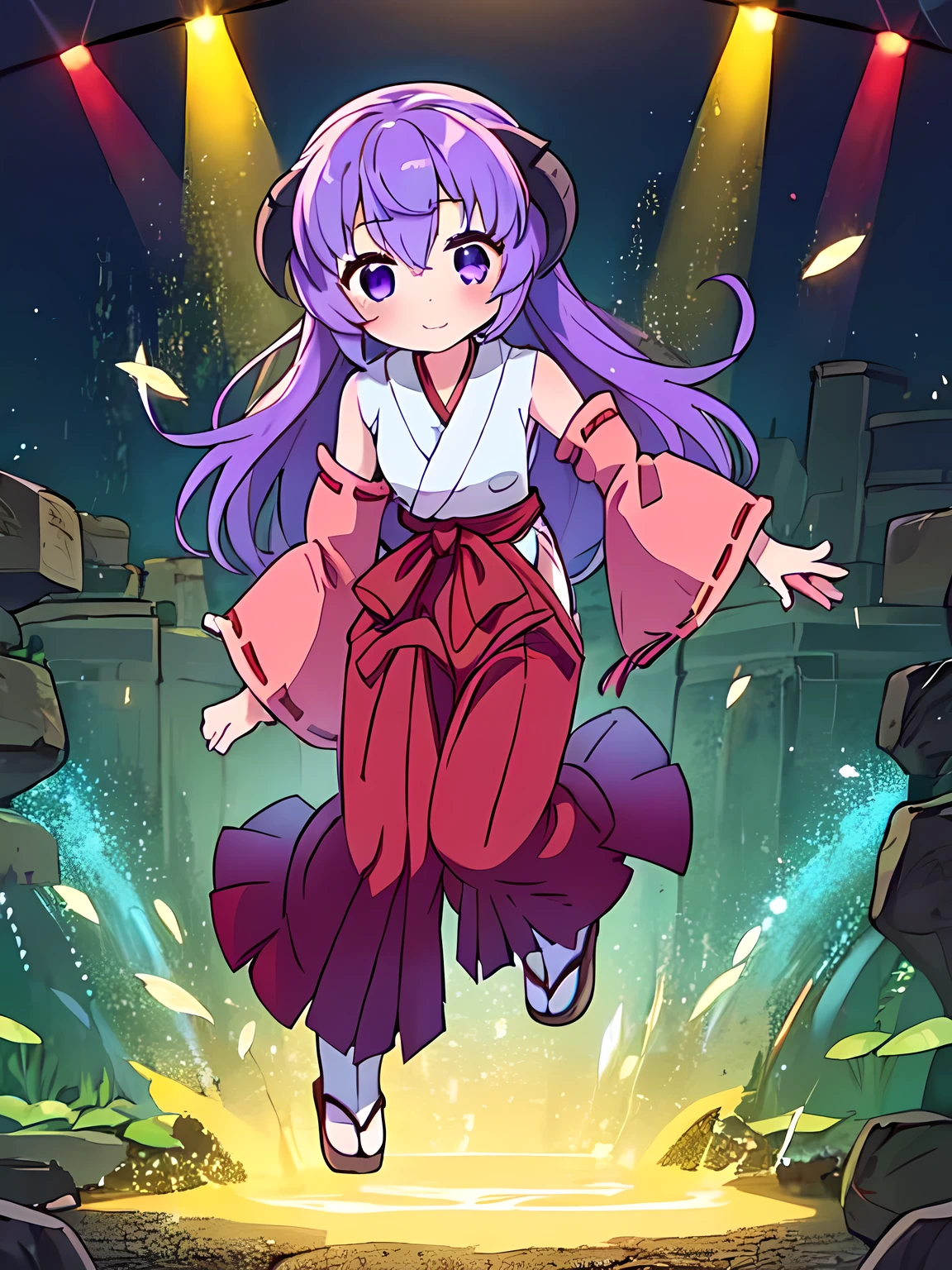 anyuu , 1girl, Alone, purple eyes, horns, long hair, purple hair, japanese clothes, miko, detached sleeves, hakama, hakama skirt, skirt, red hakama, ribbon-trimmed sleeves, concert、Concert Lighting, Full Body