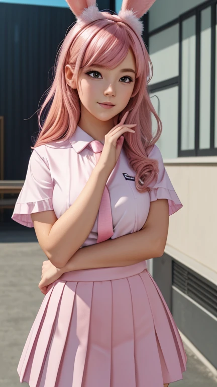 There was a woman with pink hair in a white shirt and a blue dress, wearing pink hair bow, Anime girl cosplay, Anime girl in real life, with pink hair, cosplay foto, Long flowing pink hair, Japanese school uniform, Flowing pink hair, Beautiful Anime High School Girls, japanese girl school uniform, wearing a Japanese school uniform, long  white hair