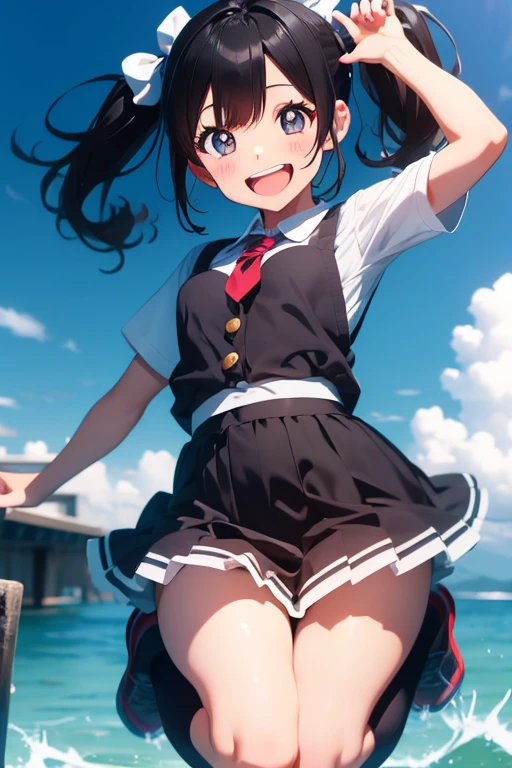 Cheerful girl,  Twin Tail, Black Hair, Cute face, Smiling, Full of energy,  COMPLETE ANATOMY, Jumping around, Perfect human body, 