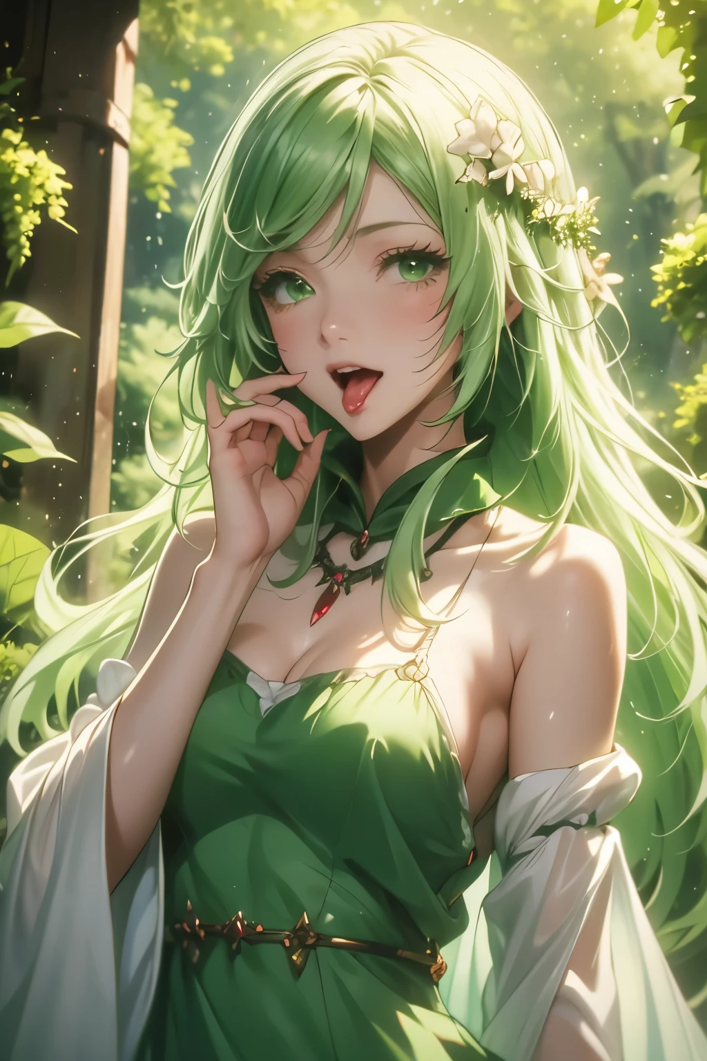 （（（ＳＦＷ、Highest quality、 First Class 、masterpiece、Normal body、8k、Detailed face、Ultra-precision、Normal hand、Normal finger、Masterpiece）））、Tria 、 Dryad、Green Hair、Bobcut、-That Time I Got Reincarnated as a Slime-、Easy smile 、Sexy、pure、transparent white and green robe、See-through nipples、Nipple erection、Sensitive nipples、Estrus、Hot flashes、Shyness、blush、 fellatio in front of hand、 open your mouth wide 、Showing tongue、Blowjob face、suck、Sexy face、Breeze 、 Wind of Protection、magic、 Magic Light 、See-through、Transparency、Slightly erotic、 sexy pose、Great Forest、whole body