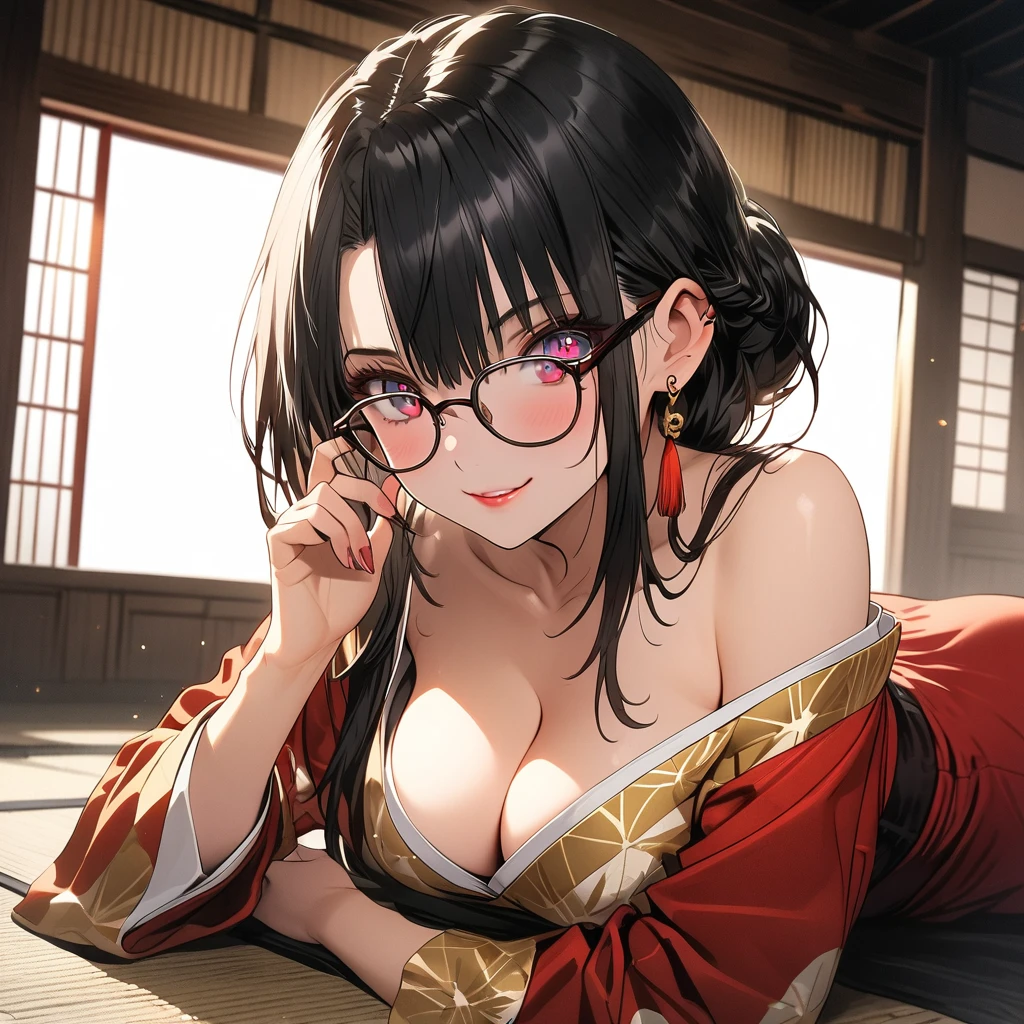 Beautiful flirtatiously smiling, a very busty ronin wearing gold lace kimono, Meiji restoration, blue eyes, focused on the viewer, yojimbo, cleavage, off the shoulders, large breasts, large anime eyes, highly detailed eyes, natural skin, natural skin texture, subsurface scattering, muted colors, skin pores, perfect face, perfect eyes, perfect full lips, supple female form, vivid, cinematic, Film light, masterpiece, atmospheric, High resolution, Vibrant, High contrast, dark angle, 500px, sitting on a mat in a shoin zukuri style house, full body, anime cover, red eyes, braided ponytail, earrings, eyelashes, eyeliner, eyes visible through hair, eyeshadow, hair between eyes, makeup, blue eyeshadow, sidelocks, single earring, symbol-shaped pupils, tassel, tassel earrings, black hair, long hair, wearing square glasses, fixing glasses with hand