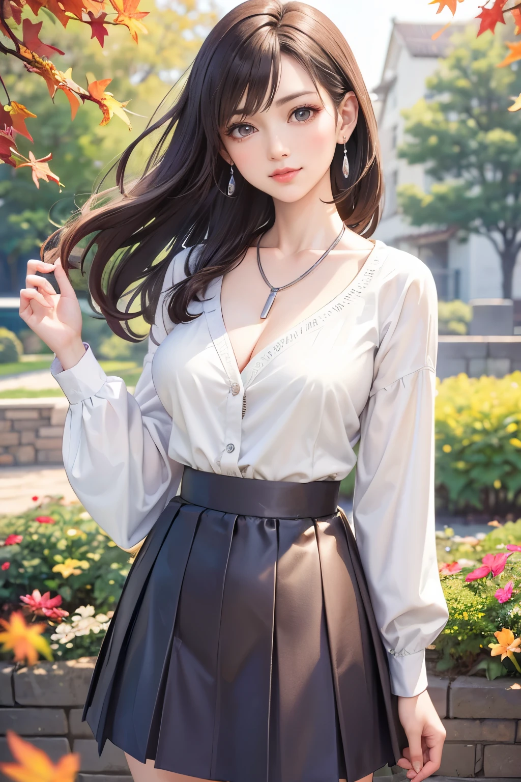((((highest quality))))、(((Ultra-precision CG16K wallpaper)))、(((masterpiece)))、(((Super detailed)))、(((Extreme detail)))、((1Mature 29 year old woman:1.6))、((Very beautiful Japan face of a person))、((Urizane Face:1.6))、((Medium One Curl Hair、blunt bangs:1.3))、(Shiny brown hair)、A delicately drawn beautiful face、eyeliner、Eyeshadow、High nose、Small nostrils、Small Mouth、Seductive lips、Beautiful breasts、((C cup size breasts))、Cleavage、Beautiful feet、eight-headed body、Perfect proportions、Perfect Anatomy、Perfect composition、Beautiful detailed shading、Beautiful, natural lighting、Beautiful detail glow、Depth of written boundary、(((High chroma)))、(((Real:1.9)))、((vivid:1.5))、((Beautiful Skin))、((Skin Texture))、((Realな皮膚感))、(((Cowboy Shot:1.6)))、((front view、shoot from front、front low angle:1.6))、(((smile:1.5)))、((The woman is looking at this、looking at viewer:1.6))、Bright daylight、Natural light、(((shrine、Cedar tree:1.5)))、(((Grey knit sweater&Low-rise pleated mini skirt:1.6)))、((necklace、Wearing earrings:1.5))、((Knee socks clothing:1.3))、