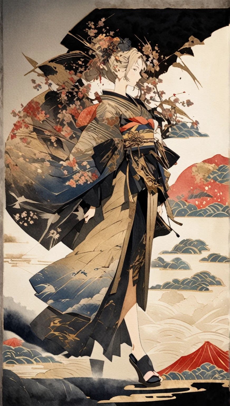 Ukiyo-e, Japanese painting, Woodblock print, Ink Painting, A depiction of a beautiful woman using gold thread, Japanese clothing, Japanese Kimono, Colorful gradient, A fusion of watercolor and acrylic, A fusion of paper cutting and shadow art, Classical art,  destroys delicate and dynamic textures, light and shadow contrast, 2.5D, Art Photography, Surreal, Digital Graphic CG, Break Super Details, Absolute Resolution, Best Quality
