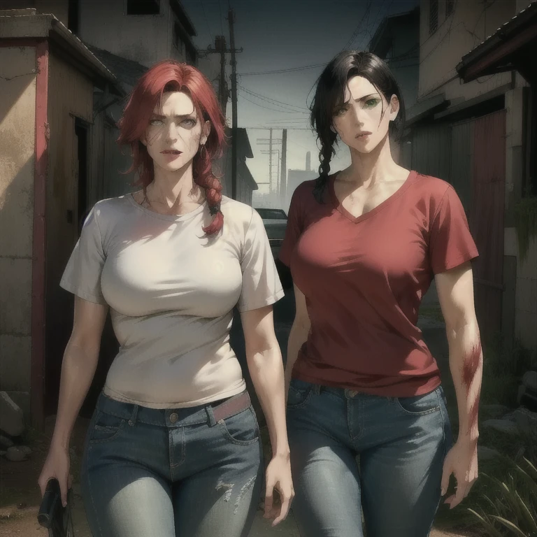 A mature 40-year-old woman with short black hair, green eyes, wearing a green short-sleeved shirt and jeans, standing next to her 18-year-old daughter with long braided red hair, wearing a pink t-shirt and shorts, in a post-apocalyptic zombie setting, (best quality,4k,8k,highres,masterpiece:1.2),ultra-detailed,(realistic,photorealistic,photo-realistic:1.37),detailed portrait, zombie apocalypse, cinematic lighting, hyper detailed, gritty, moody, dramatic colors, environmental storytelling, cinematic framing