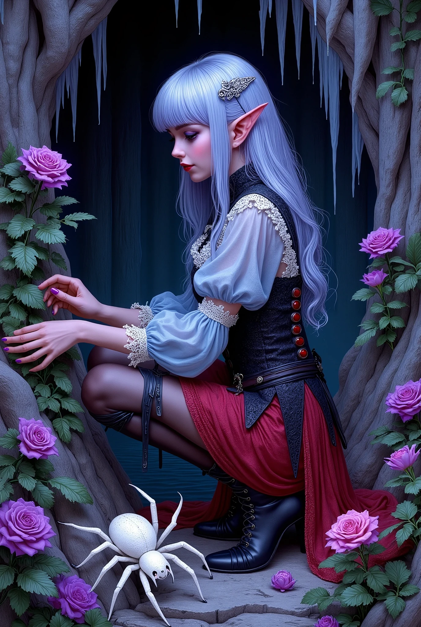 (Ultra-detailed face, Looking away, Fantasy Illustration with Gothic, Dark tone colors. The view depicts a view looking down on the cliff from the sky above. Dark shadows cover the area.), BREAK 
(This is a subterranean underworld where dark magic exists deep underground. A female dark elf healer is down on one knee, reaching out, staring at the flowers and collecting the purple, neon-glowing roses that grow densely in the jet-black stalactites and stalagmites that grow like a forest in the deep underground.), BREAK 
(Poisonous mushrooms grow in the area, glowing like poisonous red and green neon, spreading their sparkling fungus. On a stalactite, a bright white, red-eyed spider with needle-thin legs and a very long foot and rounded body is targeting a woman.), BREAK 
(A female dark elf warrior wears a hair clip with a silver scorpion motif on her head and a blue ribbon tie. She is wearing a light blue lace ruffled blouse, a black lace tunic with large red ruby buttons, and a deep red knee-length skirt embroidered with a cosmos flower pattern in silver thread. She wears black sandals with tassels woven of soft silver thread.), BREAK 
(A young-aged dark elf woman with pure white hair and eyebrows, blunt bangs, very long length disheveled hair, small pink lips, dark-purple color skin, lavender pupils, Draw thick, dark eyeliner around the eyes.), BREAK 
(This is the depths of the earth, where no light reaches. The darkness is as thick as ink, with huge stalactites rising from the subterranean ceiling and stalagmites growing out of the ground, dripping with water. The area is covered with black shadows, and in some places there is luminous blue-white moss.)