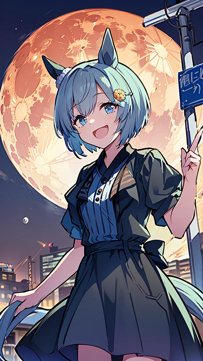 masterpiece, Best Quality,  High Resolution ,  very detailed,(((Seiun Sky))), ((( Horse Girl ))), ((( black dress to hang your body))), (((Standing at a distance))), (((Positive。))), (((Around town))), (((Full moon background))), (((Laughing。))), (((night))), ((( sign))),