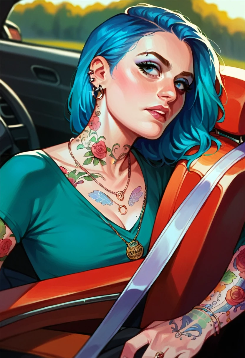  woman driving a car Max Verstappen,Tattooed blue-haired man,Face to face,black