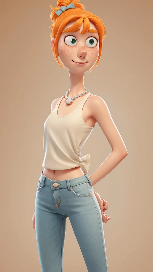 1girl, Orange hair in a bun, green eyes, slight smirk, freckles on cheeks, thin eyebrows, white necklace with a bow, naked without clothes, pale skin, standing, cartoon, (pixar:1.2), Lucy Wilde, long nose, bangs, tight jeans,full body view