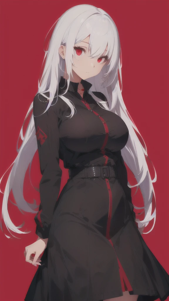 An adult woman, half bunny, white hair, red eyes, wide breasts, very angry, standing, in a black dress