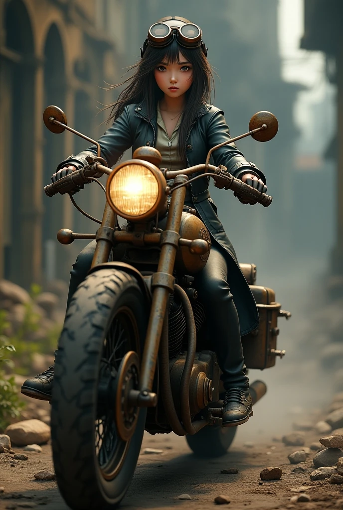 a steampunk girl on a vintage motorcycle, detailed portrait of an anime style girl with goggles and long coat riding an old, rusty motorcycle that is exhaling smoke from the exhaust, dilapidated but proud appearance, best quality, 4k, 8k, highres, masterpiece, ultra-detailed, realistic, photorealistic, photo-realistic, HDR, UHD, studio lighting, ultra-fine painting, sharp focus, physically-based rendering, extreme detail description, professional, vivid colors, bokeh, anime style, cinematic, dramatic lighting, intricate details, highly detailed, incredibly realistic